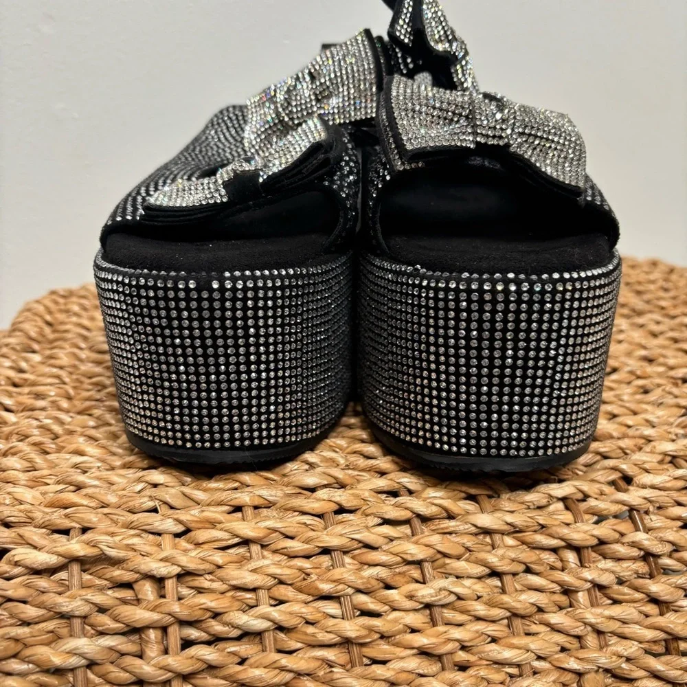 Platform Wedge Sandals with Bow Accent - Black Crystal
